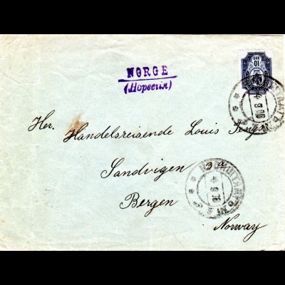 Russland 1908, 10 Kop. auf Brief v. KRONSTADT m. Leitstempel NORGE/Norvegia