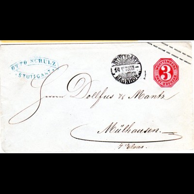Württemberg, 3 Kr Ganzsache Brief v. Stuttgart m. rs. Hufeisenstpl. Mühlhausen