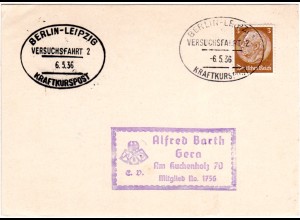 DR 1936, Versuchsfahrt 2 Kraftkurspost Berlin-Leipzig auf Karte m. 3 Pf
