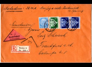 DR 1936, 5+20+2x25 Pf auf Nachnahme Einschreiben Brief v. München 18 (Schwabing)