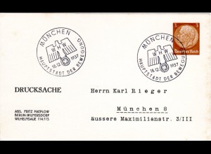 DR 1937, 3 Pf. Privat Ganzsache Karte m. WHW Sonderstpl. v. München