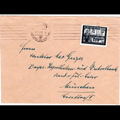 DR 1941, EF 16 Pf. Kameradschaftsblock auf Ortsbrief über 20 Gramm v. München