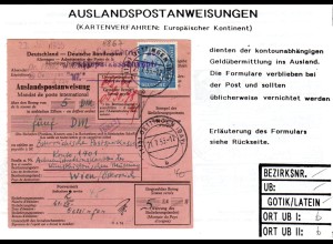 BRD 1955, 30+rücks. 20 Pf. auf Auslands Postanweisung v. Öttingen n. Österreich