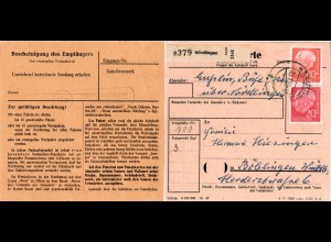 1959, WÖRNITZOSTHEIM über Nördlingen, Landpost Stpl. rücks. auf Paketkte. 