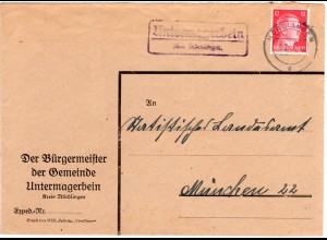 DR 1943, Landpost Stpl. UNTERMAGERBEIN über Nördlingen auf Brief m. 12 Pf.