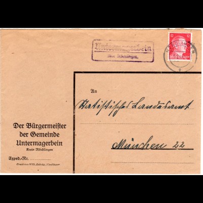 DR 1943, Landpost Stpl. UNTERMAGERBEIN über Nördlingen auf Brief m. 12 Pf.