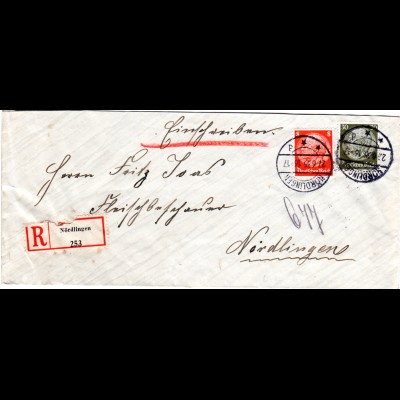 DR 1935, 8+30 Pf. auf Orts-Einschreiben Brief v. Nördlingen