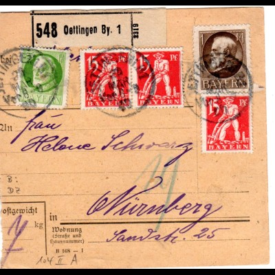 Bayern 1920, 3x15 Pf. Abschied zus. m. 5Pf.+1Mk. auf Paketkarte v. Oettingen