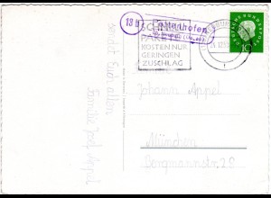 BRD 1959, 13b Landpost Stpl. PETTENHOFEN über Neuburg auf Karte m. 10 Pf. 