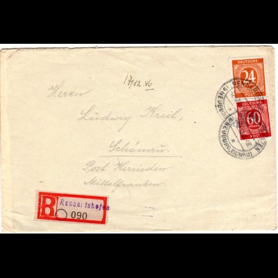 1946, 24+60 Pf. auf Brief m. provisorischem Einschreiben Zettel v. RENNERTSHOFEN