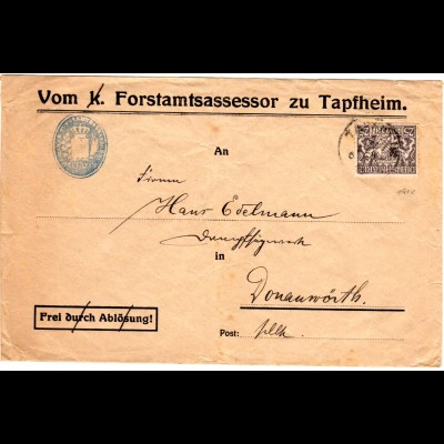Bayern 1919, 25 Pf. Dienst auf Brief v. Forstamt TAPFHEIM