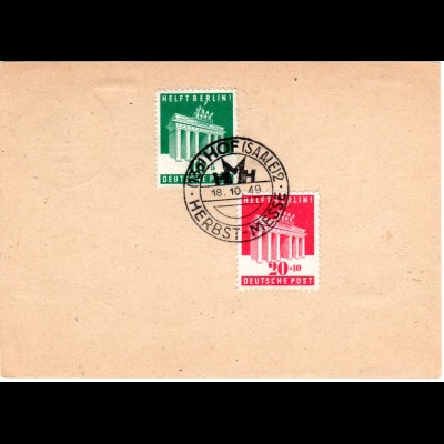 1949, Sonder-Stpl. Hof (Saale) Herbst-Messe auf Ga m. rs. 10+20 Pf. Berlinhilfe