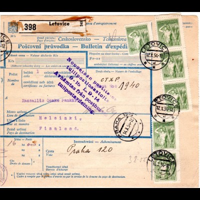 Tschechoslowakei 1954, 28 Marken auf Paketkarte v. LETOVICE n. Finnland