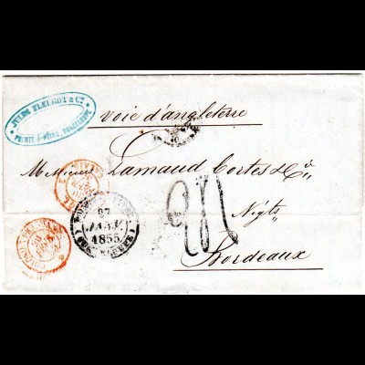 Guadeloupe 1855, K2 POINT À PITRE auf Porto Brief via GB n. Frankreich
