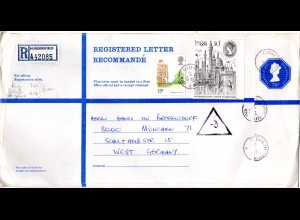 GB 1980, 15+50 P. auf großform. 75 P. Reko Ganzsache Brief v. Huddersfield