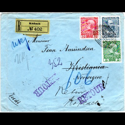 Österreich 1908, 5+10+35 H. auf Einschreiben Retour Brief v. KÖFLACH n. Norwegen