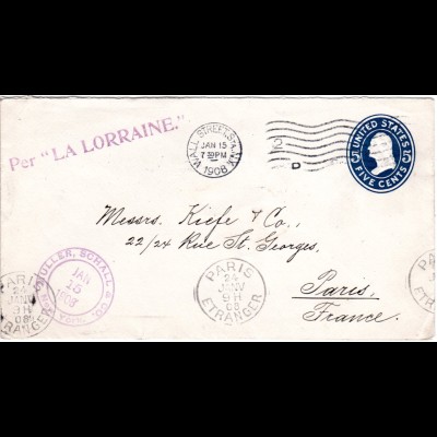 USA 1908, Schiff Stpl. Per "La LORRAINE." auf 5 C. Ganzsache v. NY n. Frankreich