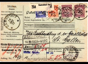 DR 1925, 20+50+2x100 Pf. m. perfins auf Paketkarte v. CANNSTADT i.d. Schweiz