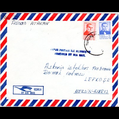 Zypern 1983, L2 ...RECEIVED BY SEA MAIL auf Türkei Luftpostbrief n. Lefkosa