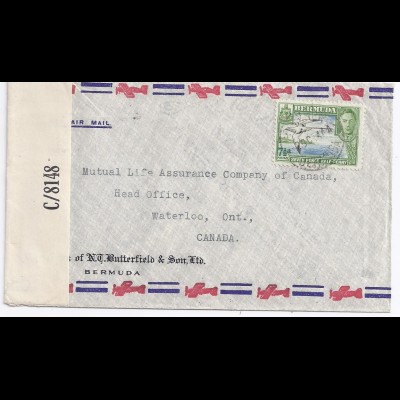 Bermuda 1944, 7 1/2 d. auf Luftpost Zensur Brief n. Canada. #1868