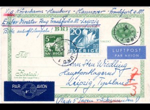 Schweden 1937, 5+20 öre Zusatzfr. auf 5 öre Ganzsache per Luftpost n. Leipzig.