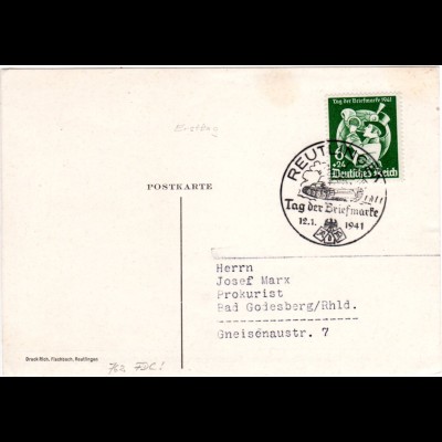 DR 1941, 6+24 Pf. Tag der Briefmarke auf Karte m. Ersttagsstpl. v. Reutlingen