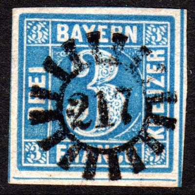 Bayern 2 II, allseits sehr breitrandige 3 Kr. (4 SL!) m. klarem zentr. MR 217 