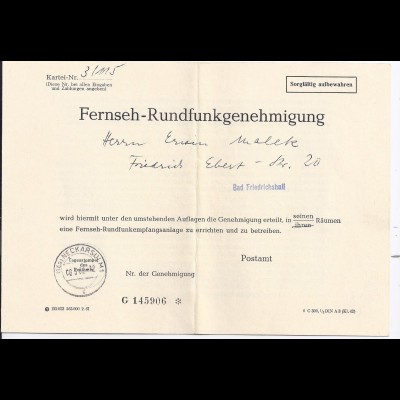 BRD 1962, TV Fernseh Rundfunk Genehmigung gest. Neckarsulm. Post Formular. #1131
