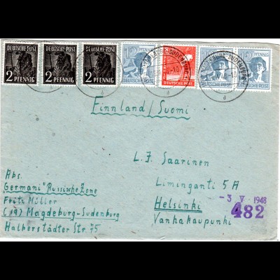 SBZ 1948, 7 Marken auf portorichtigem Brief v. Magdeburg Sudenburg n. Finnland