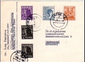 SBZ 1947, 5 Marken auf portorichtiger privater Postkarte v. Leipzig n. Schweden