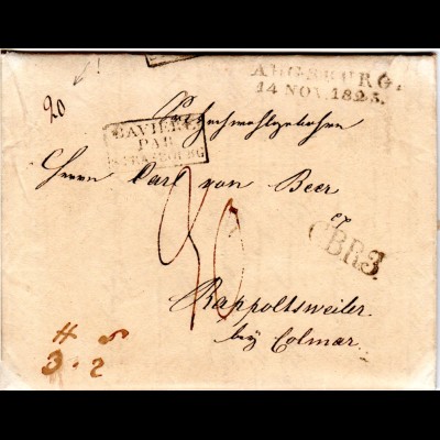 Bayern 1825, L2 AUGSBURG u. CBR3 auf Porto Brief ins Elsass, Frankreich 
