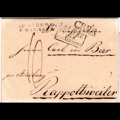 Bayern 1824, L2 AUGSBURG u. CBR3 auf Porto Brief ins Elsass, Frankreich 
