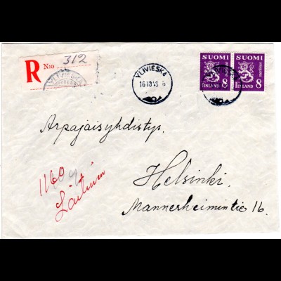 Finnland 1946, YLIVIESKA, eingestempelter Reko Zettel auf Brief m. 2x8 M.