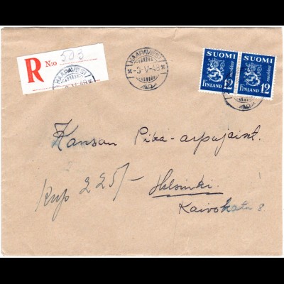 Finnland 1948, HAAPAVESI, eingestempelter Reko Zettel auf Brief m. 2x12 M.