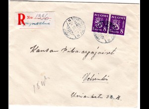 Finnland 1946, HYRYNSALMI, handschriftlicher Reko Zettel auf Brief m. Paar 8 M.