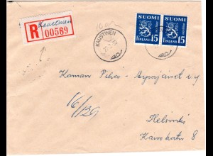 Finnland 1950, KAUSTINEN, handschriftlicher Reko Zettel auf Brief m. MeF 2x15 M
