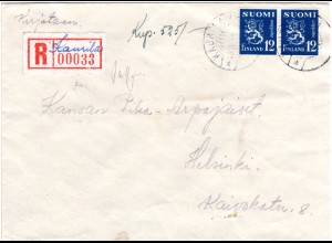 Finnland 1949, KAURILA, handschriftlicher Reko Zettel auf Brief m. MeF 2x12 M