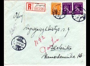 Finnland 1947, TEUVA, handschriftlicher Reko Zettel auf Brief m. 5+Paar 10 M.