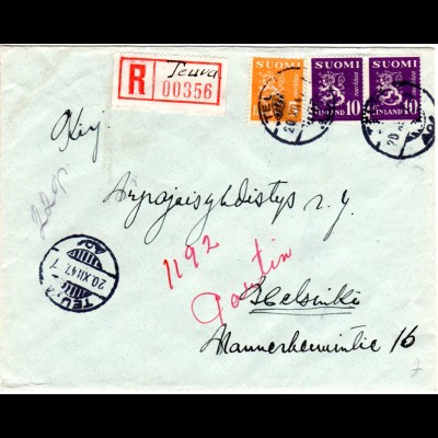 Finnland 1947, TEUVA, handschriftlicher Reko Zettel auf Brief m. 5+Paar 10 M.