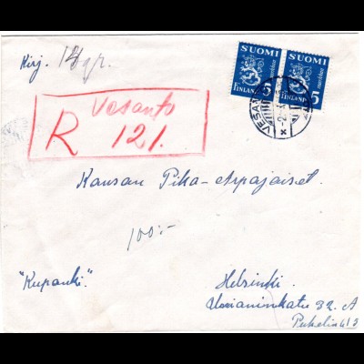 Finnland 1945, VESANTO, provisorischer Reko Vermerk auf Brief m. Paar 5 M.