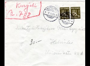 Finnland 1945, KUREJOKI, provisorischer Reko Vermerk auf Brief m. Paar 3 1/2 M.