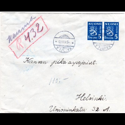 Finnland 1945, KAUNELA, provisorischer Reko Vermerk auf Brief m. Paar 5 M.