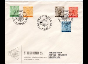 Schweden, Stockholmia 1955, 5 Werte kpl. auf Brief m. entspr. FDC Sonderstpl.