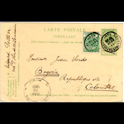 Belgien 1904, 5 C. Zusatzfrankatur auf 5 C. Ganzsache v. Louvain n. Kolumbien!