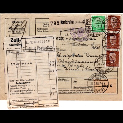 DR 1933, 3x50+5 Pf. auf Paketkarte v. Karlsruhe m. Schweiz Zoll-Quittung