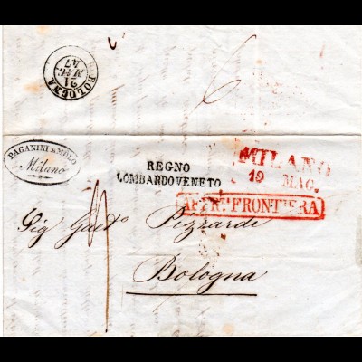 Lombardei 1847, L2 MILANO u. Transitstpl. auf Teil Porto Brief i.d. Kirchenstaat