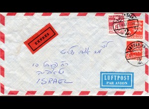 Dänemark 1957, 5 öre+2x2 Kr. auf Luftpost Express Brief v. Kopenhagen n. Israel