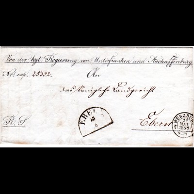 Bayern 1857, OPD Stpl. Würzburg u. HKS Ebern auf Dienst Brief.