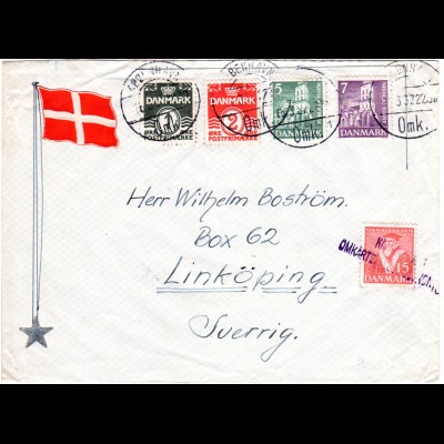 Dänemark 1937, 5 Marken auf Flaggen Brief v. Kopenhagen n. Schweden. Stempel!