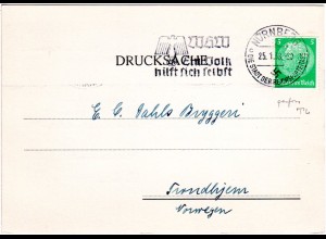 DR 1938, 5 Pf. m. perfin TL auf Firmen Karte v. Nürnberg n. Norwegen